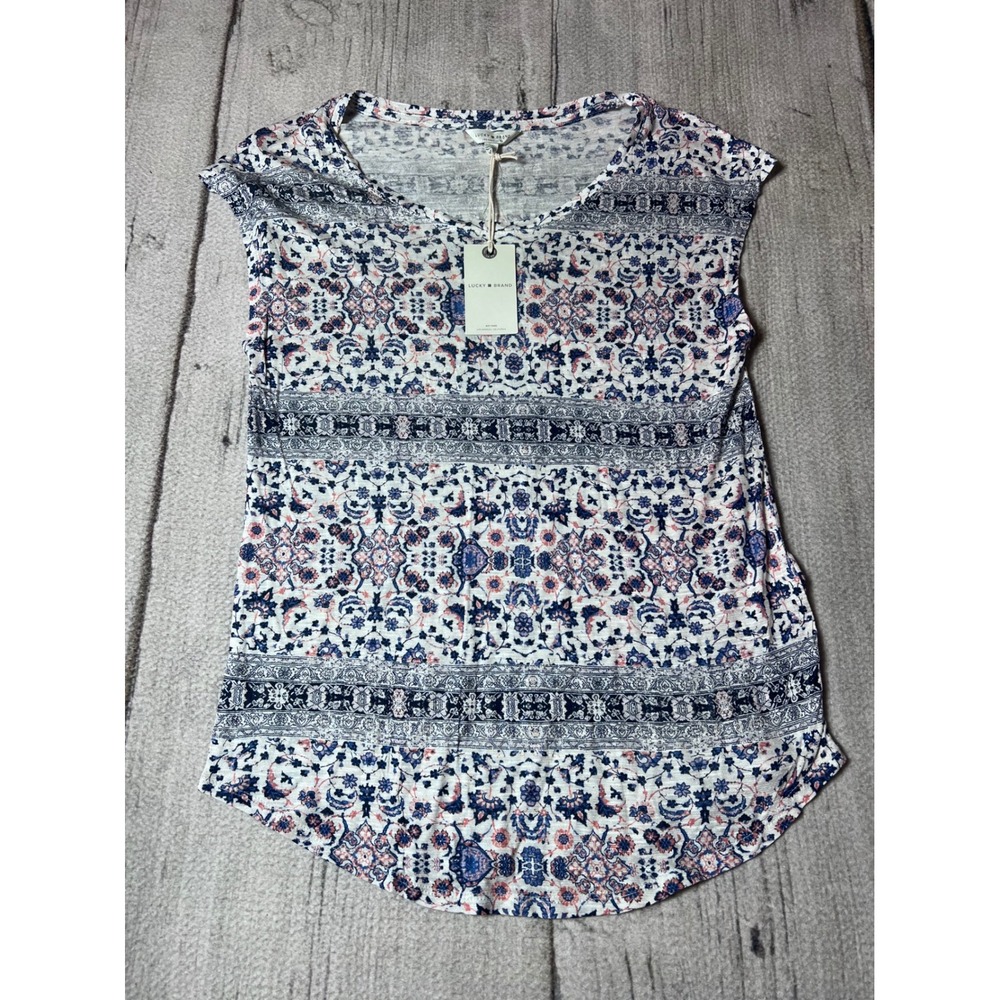 Lucky Brand Women's Small S P Printed Cap Sleeve V Neck Tunic Top